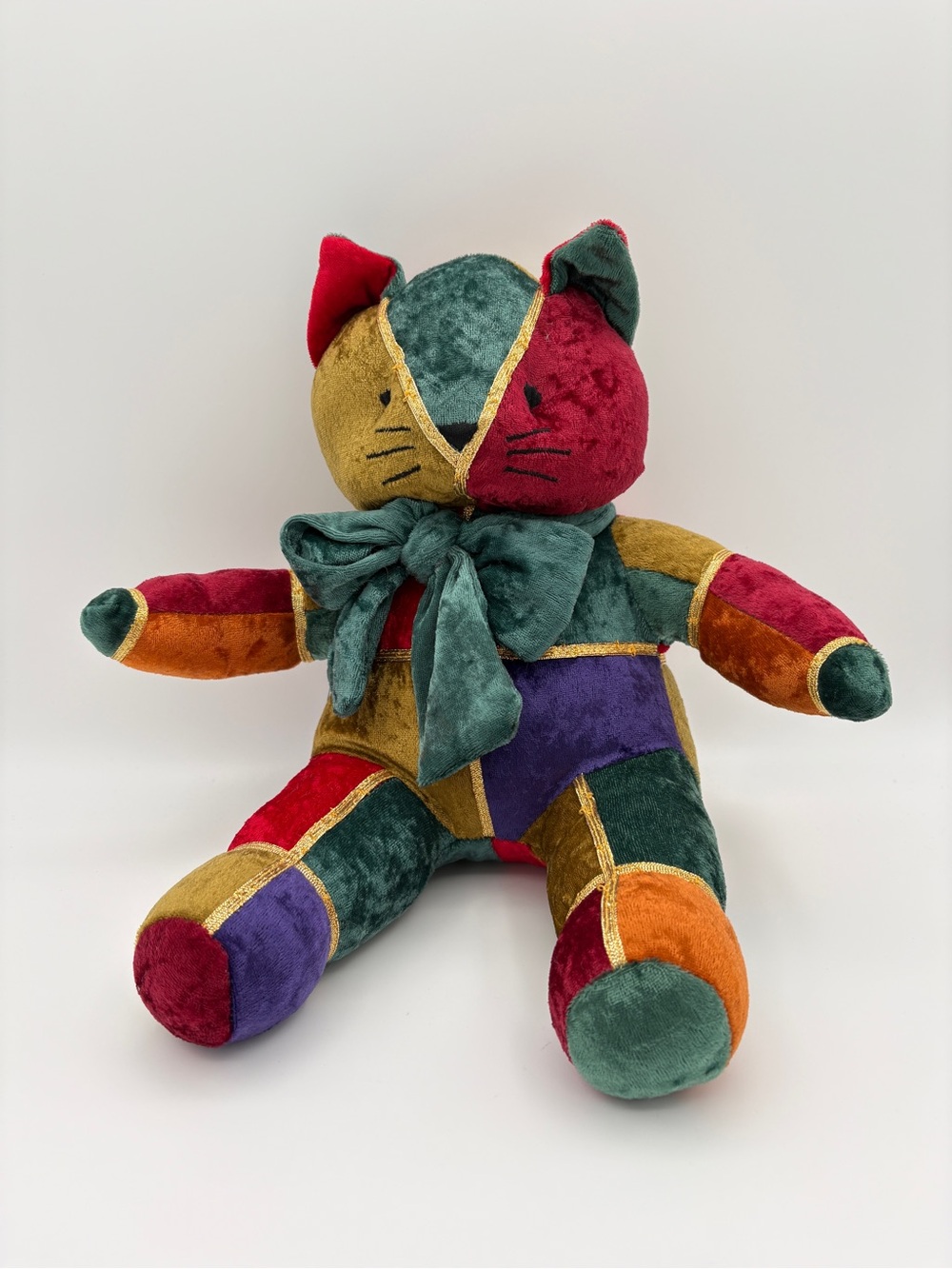 Pier 1 Imports Holiday Plush Cat  Jewel Tone Patchwork Velour Stuffed Animal